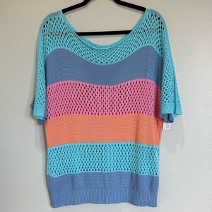Colorblock Open-Knit Sweater Top - Aqua, Blue, Pink, Orange